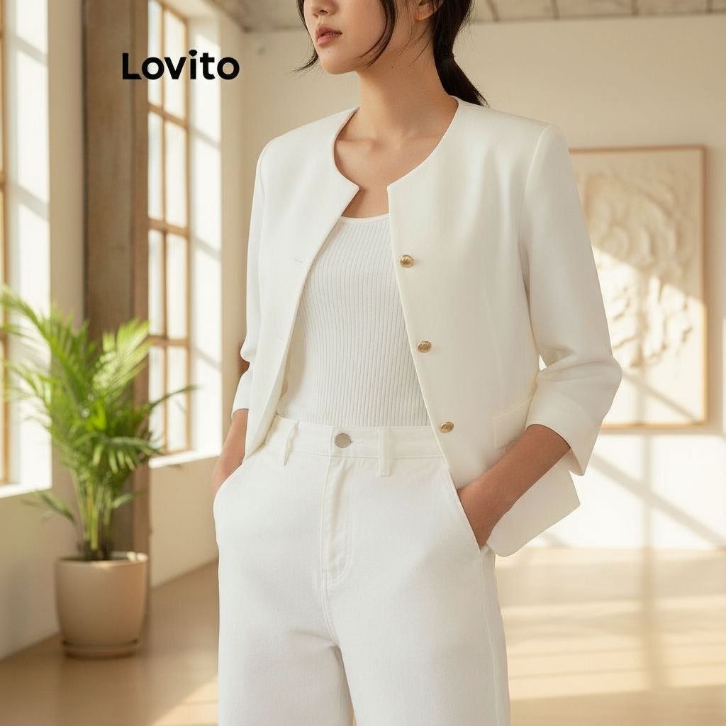 Blazer feminino casual simples Lovito com botões 102AD502 em Oferta na Shopee