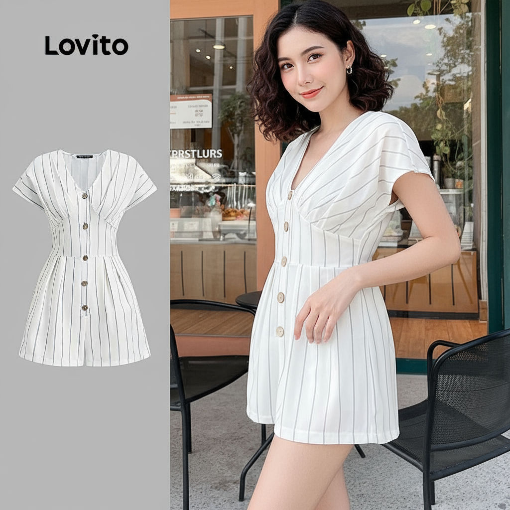 Macacão Feminino Casual Lovito Listrado com Botão Plissado L132ED1082