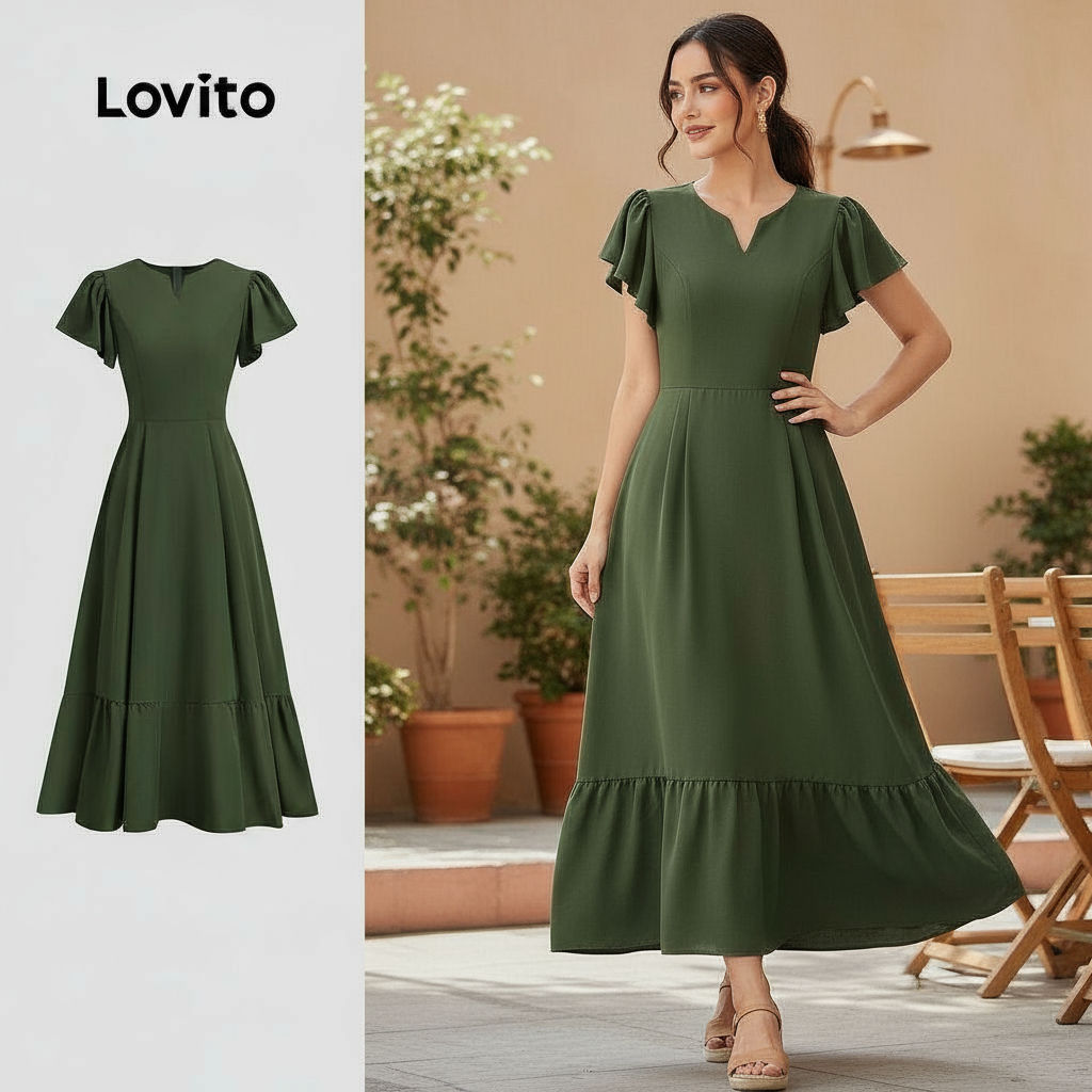 Lovito Vestido Feminino Casual com Babado em Verde para Primavera/Verão LBL26262