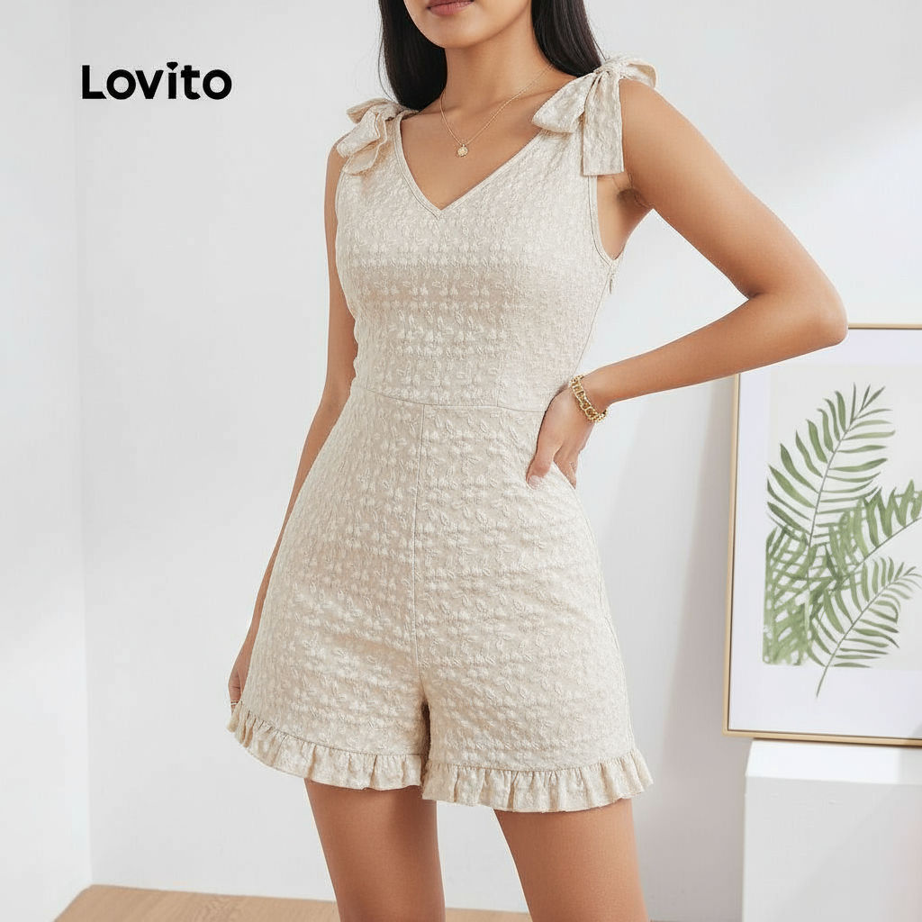 Lovito Macacão Feminino de Verão e Primavera, Estilo Casual, Cor Damasco, Frente com Babados, L132ED639