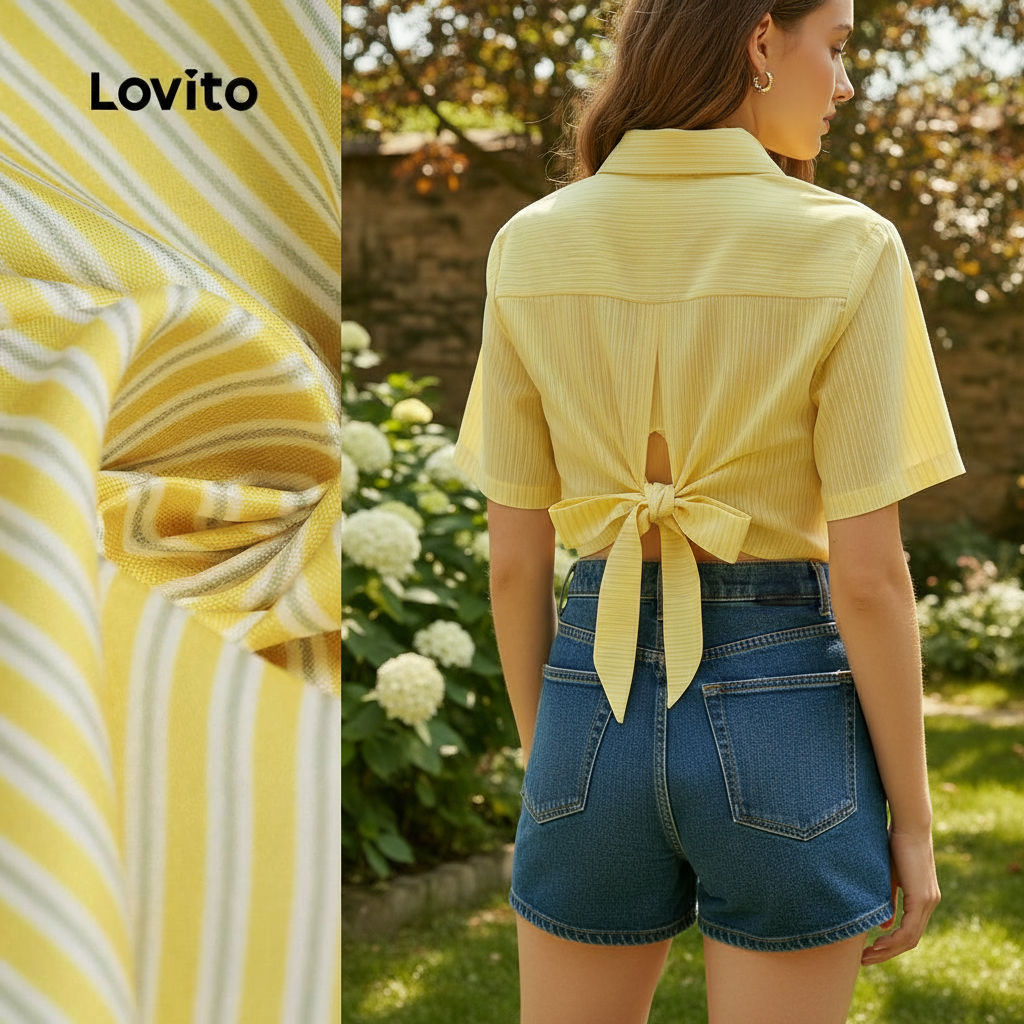 Lovito Blusa Feminina Listrada Amarela Com Gola Redonda e Laço nas Costas para Primavera/Verão L139AD390 em Oferta na Shopee