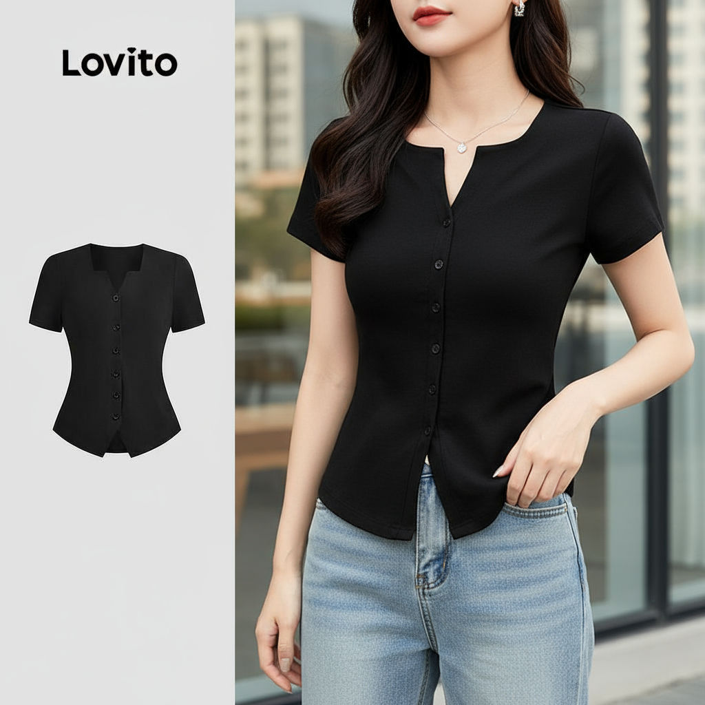 Camiseta Feminina Lovito Casual Lisa com Botão e Divisão Frontal em Preto para Primavera/Verão L135A2D216 em Oferta na Shopee