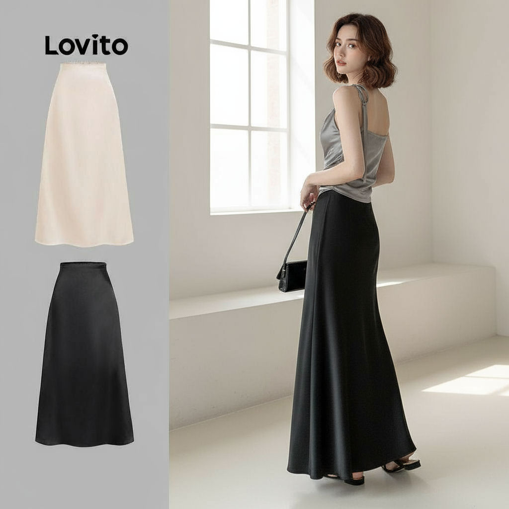 Lovito Saias femininas sofisticadas com zíper discreto, modelo básico L104ED197 em Oferta na Shopee