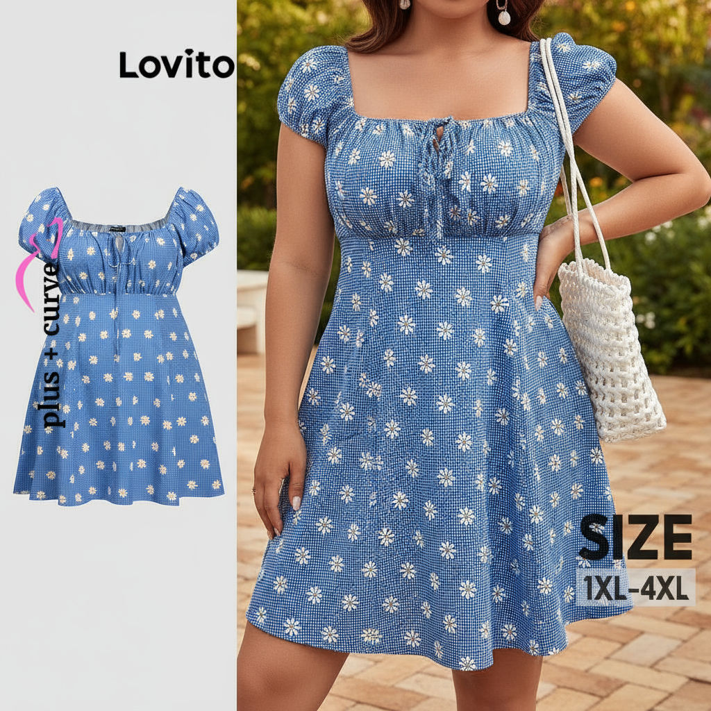 Lovito Refine Vestido Feminino Plus Size Estampado Floral Com Renda Para Verão E Primavera LBL18831\4 em Oferta na Shopee