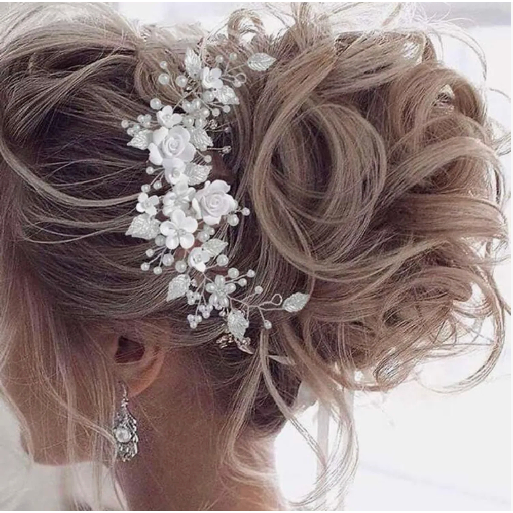 Noiva Flor Branca Pérola Prata Headpiece Acessórios De Cabelo De Casamento Tiara