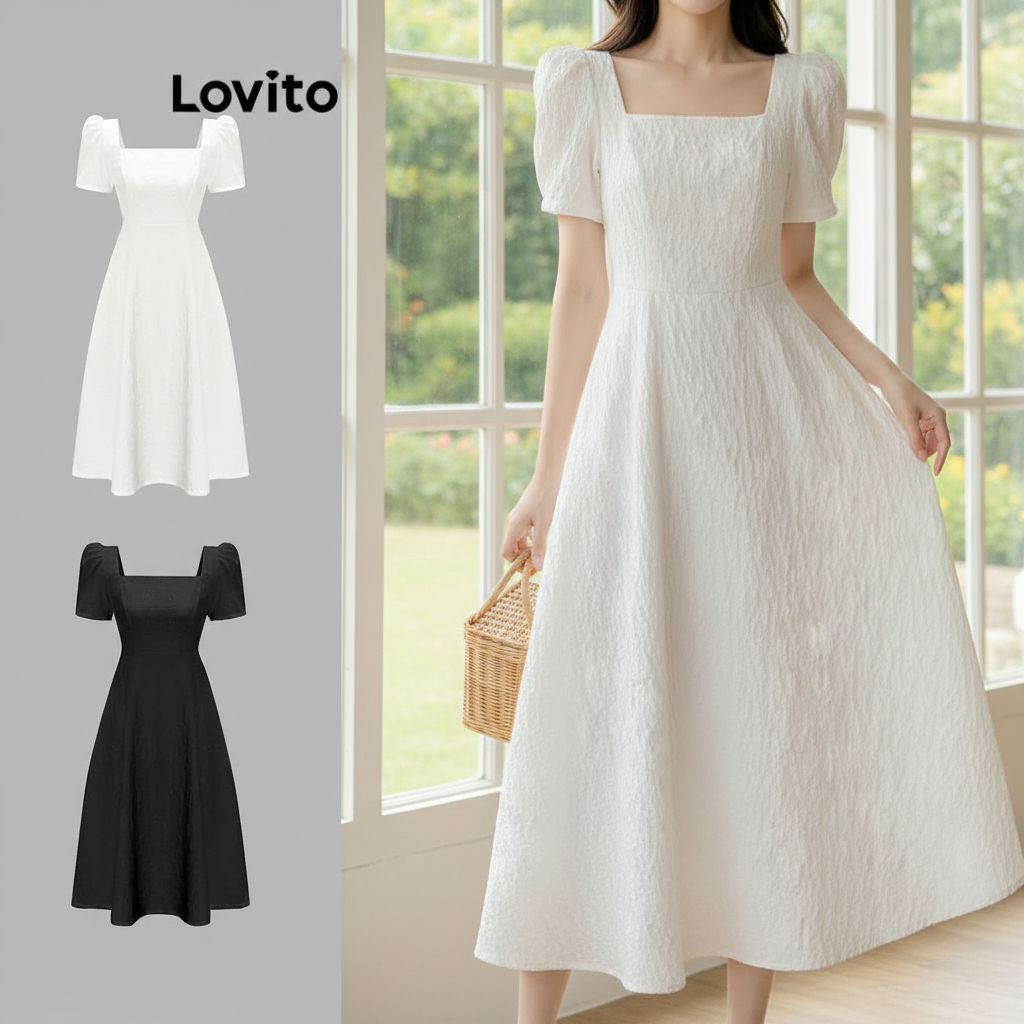 Lovito Vestido Feminino Elegante de Primavera/Verão com Manga Bufante e Gola Quadrada L65ED170 (Branco) em Oferta na Shopee