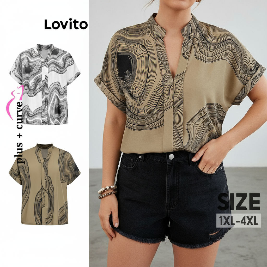 Lovito Blusa Feminina Plus Size Casual Estampa Mármore Curva LBL14370 em Oferta na Shopee