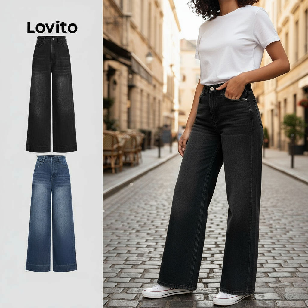 Lovito Calça Jeans Feminina Casual Bolsos Lisos Modelagem Cat's Whiskers Versátil Para Todas as Estações L102AD460 em Oferta na Shopee