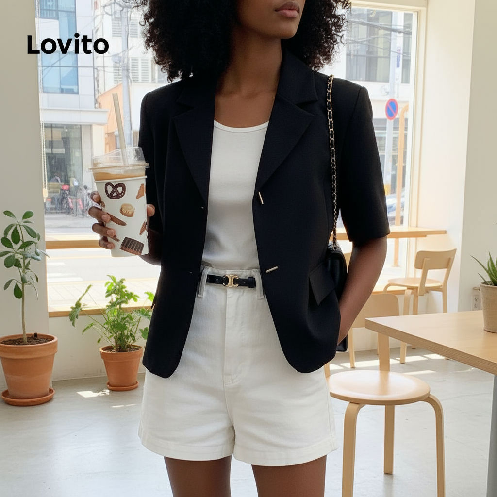 Blazer Feminino Casual Lovito com Estrutura Lisa e Detalhe em Linha de Metal - LAD106019 em Oferta na Shopee