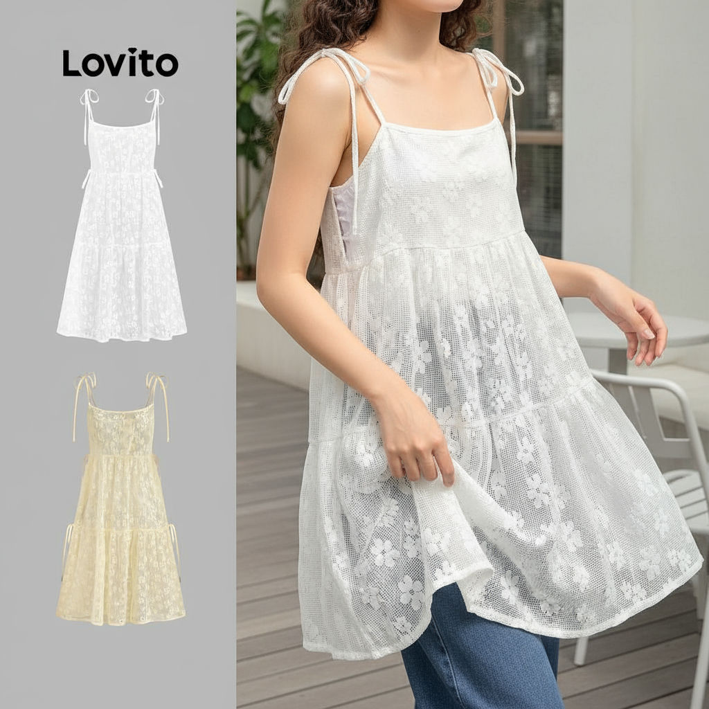 Lovito Vestido Feminino Branco Casual Liso com Cadarço para Primavera/Verão L136AD076 em Oferta na Shopee