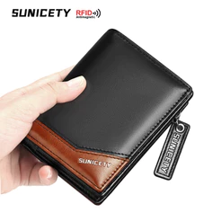 Carteira masculina fina de couro sintético PU com bloqueio RFID - preta, com compartimento para notas e bolso para