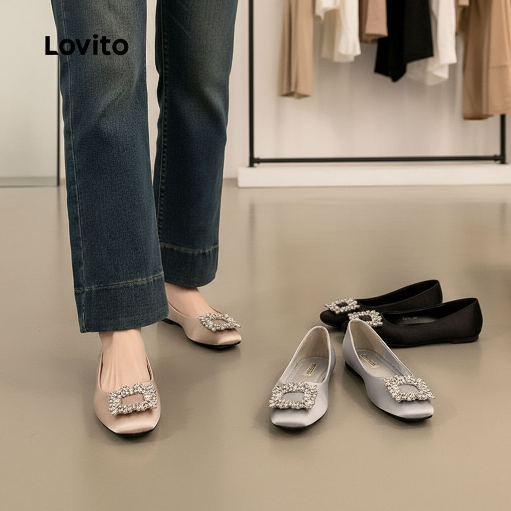 Sapatilhas Femininas Elegantes Lovito com Strass, Clássicas e Versáteis para o Dia a Dia LFA82133 em Oferta na Shopee