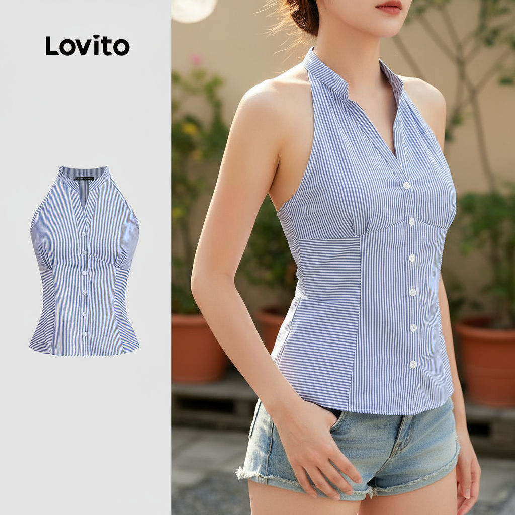 Lovito Regata Feminina Azul e Branco com Botões Geométricos Listrados e Plissados para Verão e Primavera L135ED386 em Oferta na Shopee