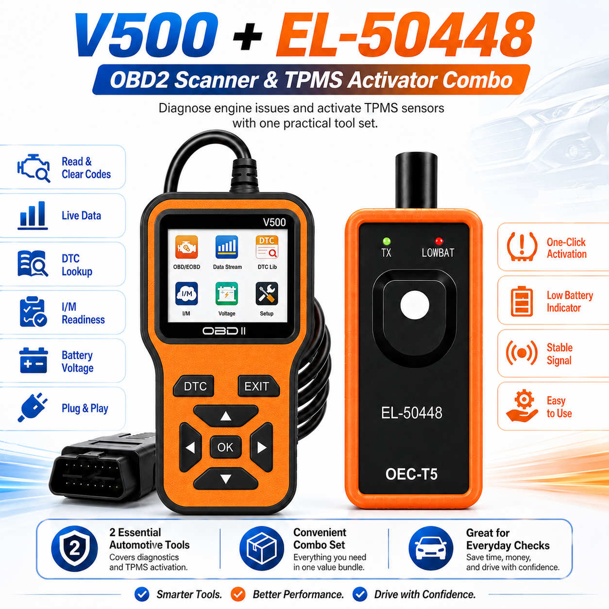 V500 Scanner Automotivo OBD2 com Reset de TPMS EL-50448, Leitura/Apagamento de Códigos, Dados em Tempo Real & Ferramenta