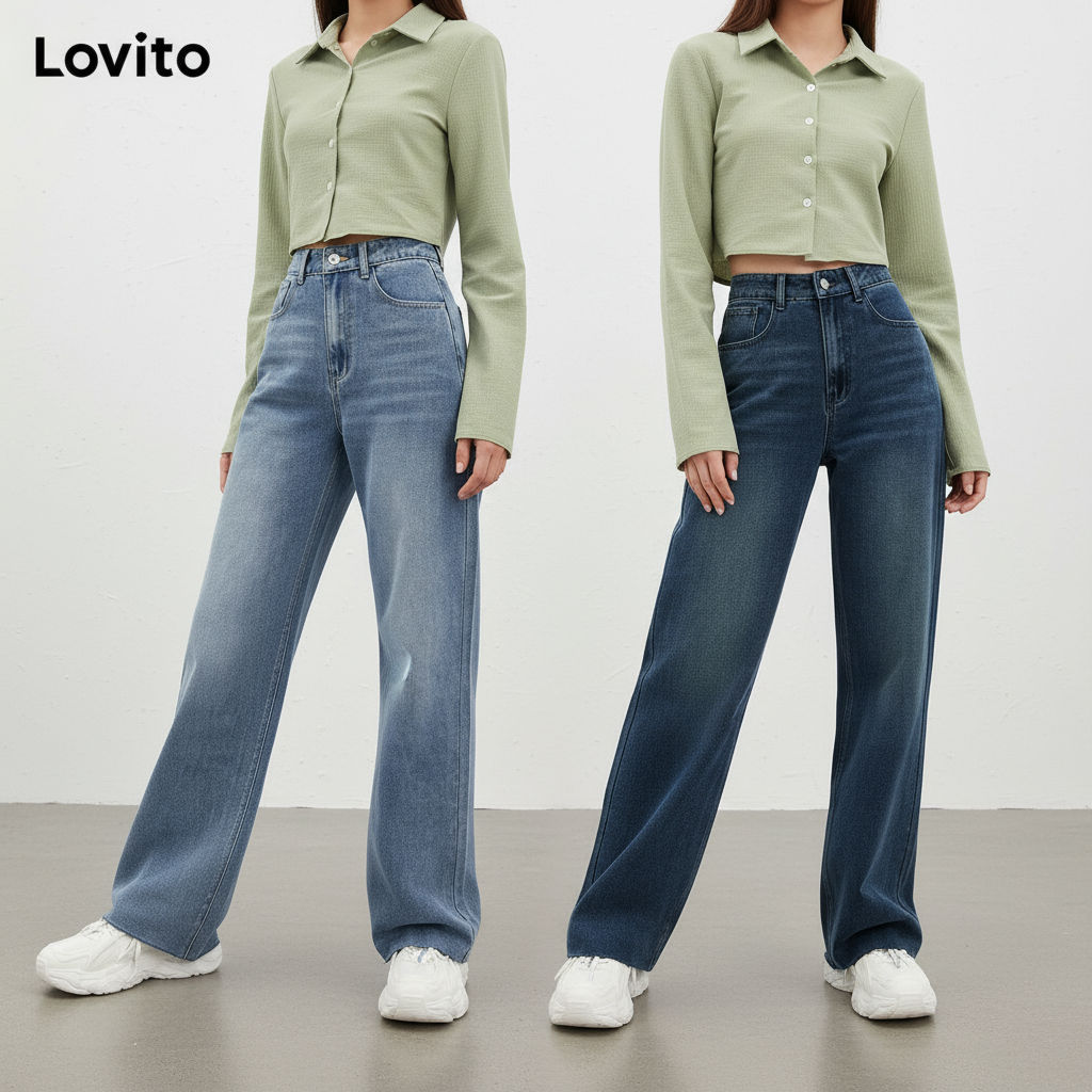 (trendy4)Lovito Calças Jeans Flare Casual Lisas com Cintura Alta L30AD050 (Azul) em Oferta na Shopee