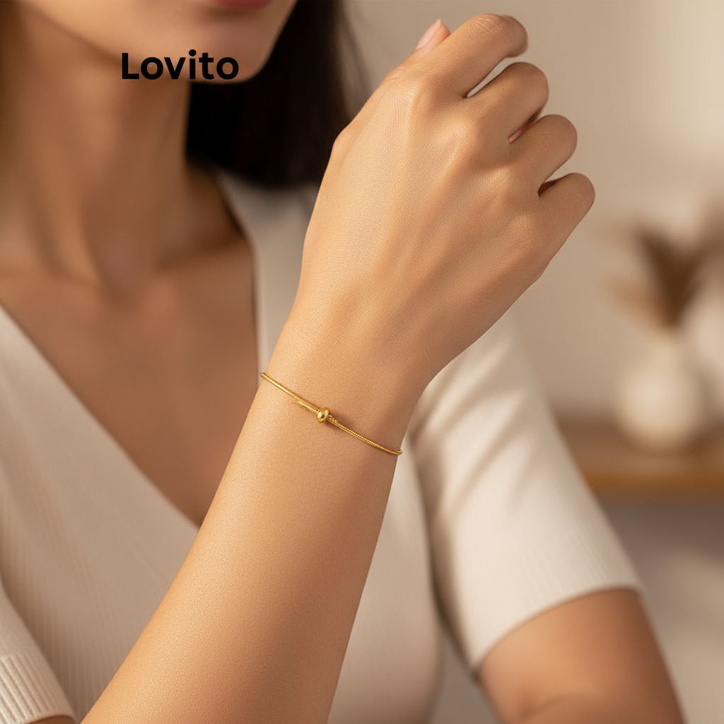 Lovito Pulseira Feminina Casual em Metal Lisa Básica LFA02024 - Cor Dourada