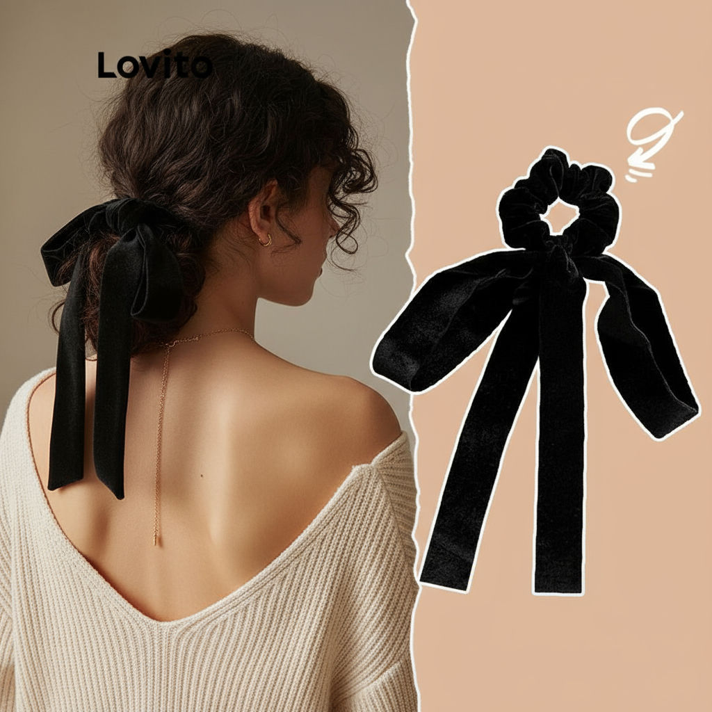 Lovito Laços Lisos e Básicos para Cabelo Feminino, Acessório Casual - LNA09058 (Preto)