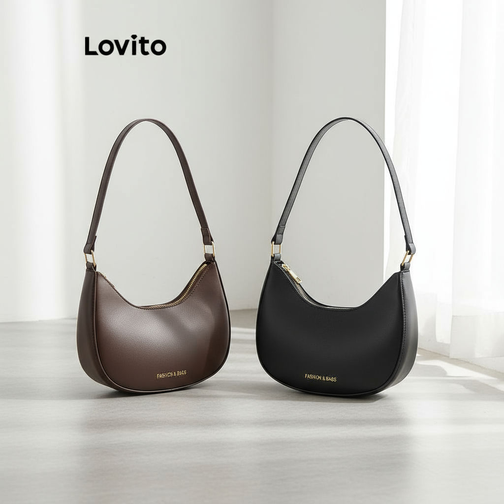 Lovito Bolsa Feminina Casual de Ombro Básica Lisa para Mulheres L66AD030 (Marrom/Preto) em Oferta na Shopee