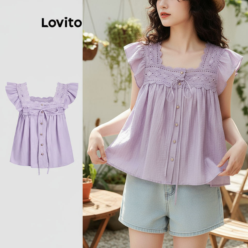 Blusa Feminina Lovito Primavera/Verão com Babados e Gola Contrastante, Estilo Casual L121MD622 em Oferta na Shopee
