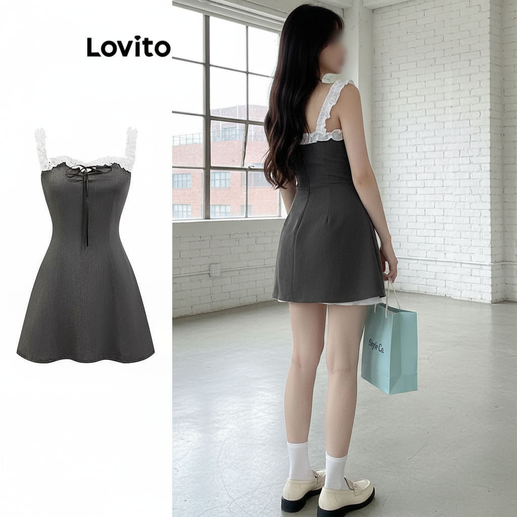 Lovito Vestido Casual Liso Colorblock Com Amarração Para Mulheres LBA79186 em Oferta na Shopee