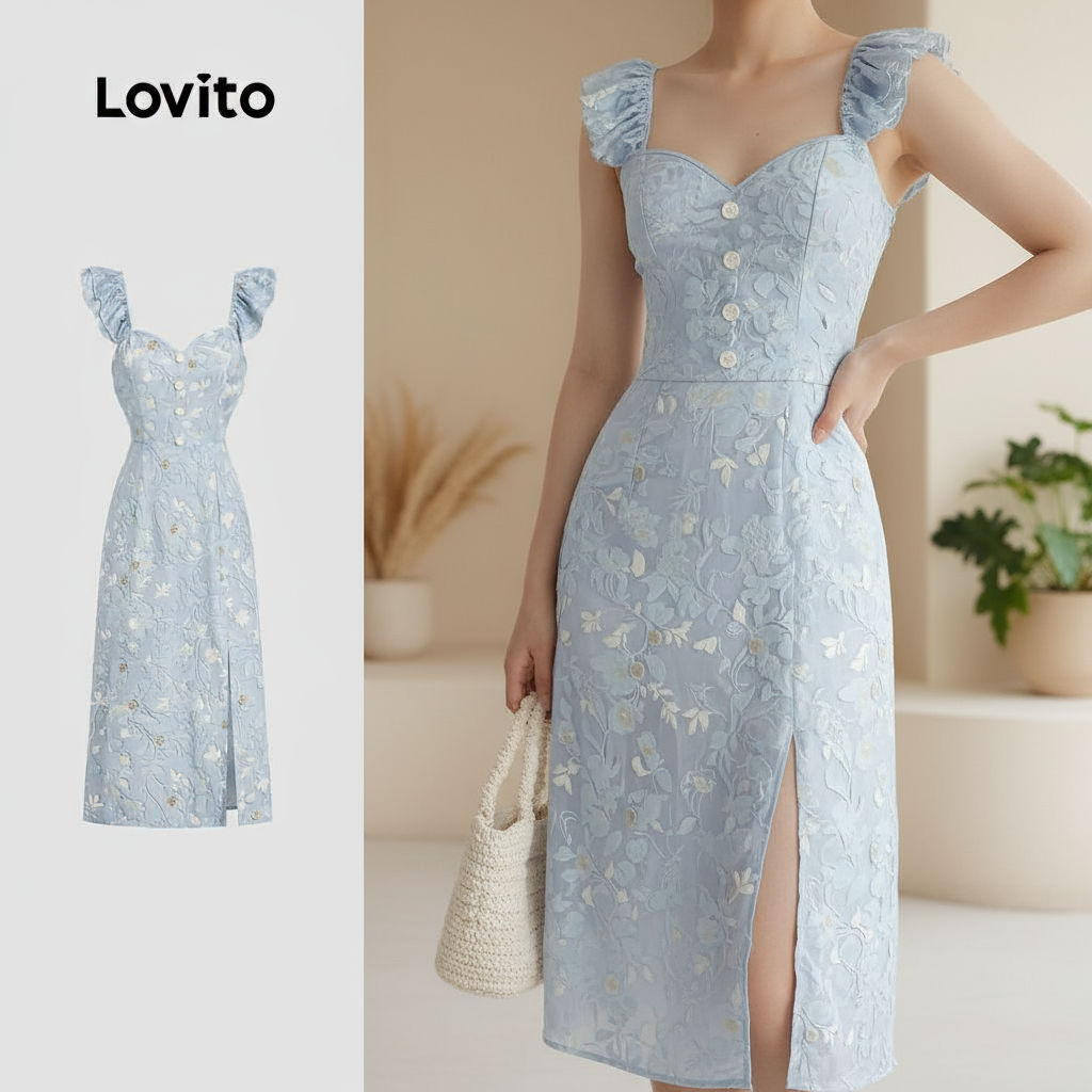 Lovito Vestido Boho com Decote Frontal Macio e Aconchegante para Primavera/Verão Vestido Azul L137ED778