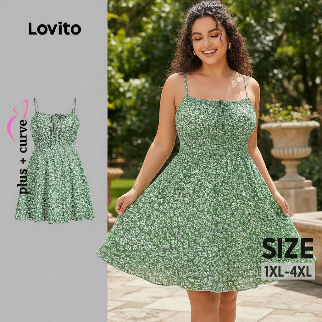 Lovito Vestido Feminino Boho Plus Size com Babados Florais para Primavera/Verão LBL24578 em Oferta na Shopee
