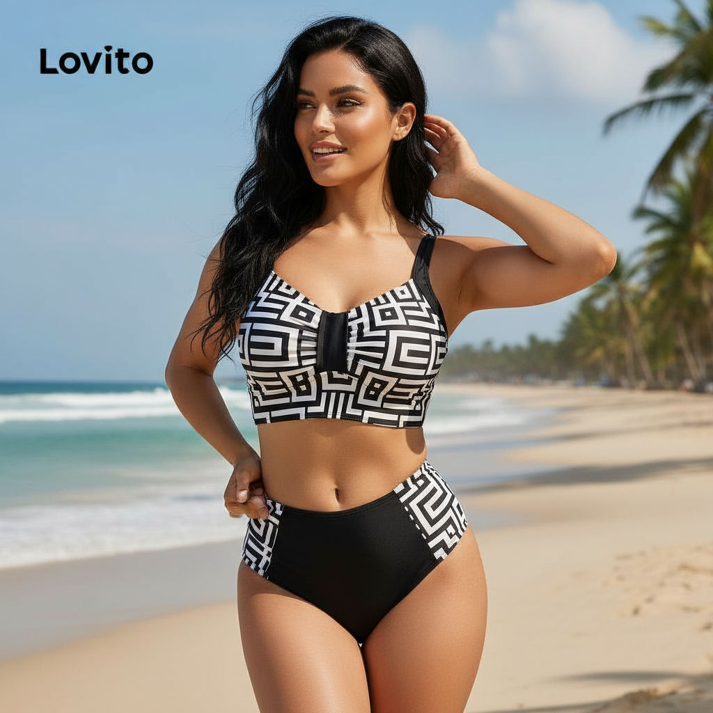 Lovito Biquíni Boho com Costuras Geométricas em Tecido Colorido para Mulheres LBL17663 em Oferta na Shopee