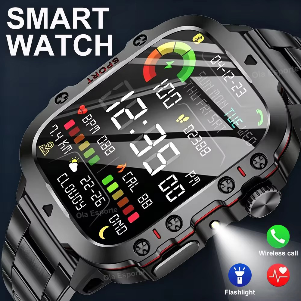 Novos Homens Smartwatch SOS Chamada Bluetooth 1.96'Tela HD Relógio De Pulso À Prova Dwaterproof Água Monitor Saúde Espor