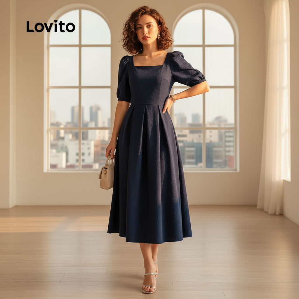 Lovito Vestido Casual em Chiffon com Pregas para Primavera/verão Azul-marinho para mulheres L154ED592\2 em Oferta na Shopee