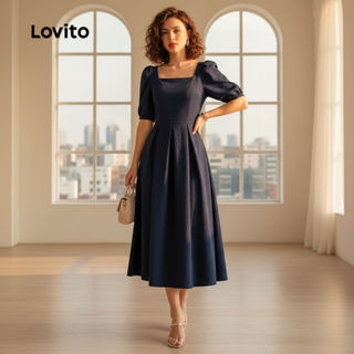 Lovito Vestido Casual em Chiffon com Pregas para Primavera/verão Azul-marinho para mulheres L154ED592\2 em Oferta na Shopee