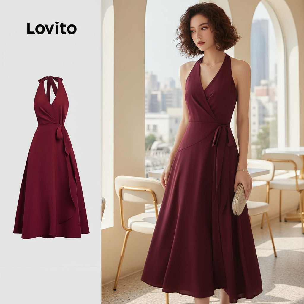 Lovito Vestido Elegante Envolvente com Laço de Renda Primavera/verão Vestido Claret L155ED1064\2 em Oferta na Shopee