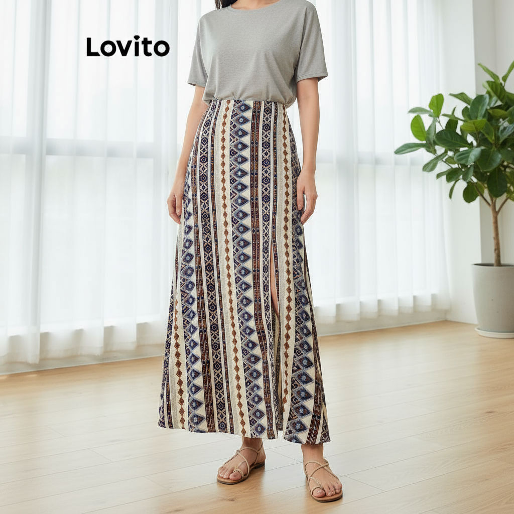 Lovito Saias Boho Geométricas com Frente Dividida para Mulheres L113MD287 em Oferta na Shopee