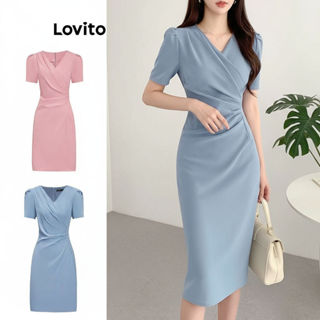 Lovito Vestido Feminino Liso Plissado Estilo Elegante - Multicolor em Oferta na Shopee