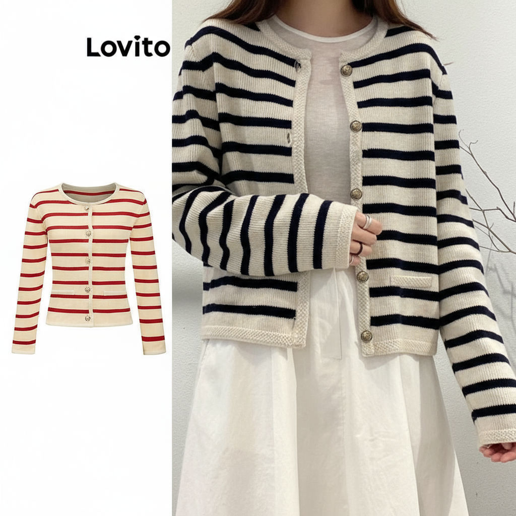 Lovito Cardigans Casuais Listrados Com Botões Frontais De Metal Para Mulheres LNE36135\3 em Oferta na Shopee
