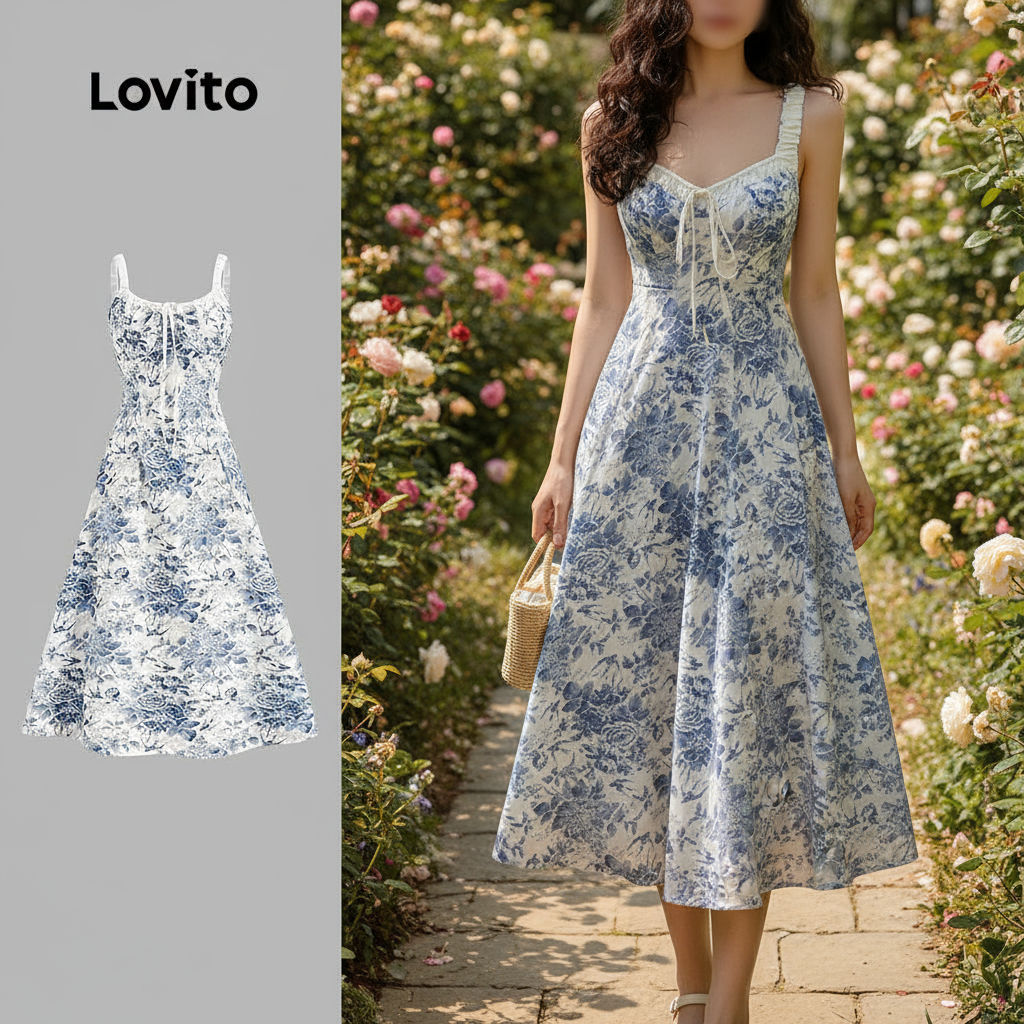 Lovito Vestido Feminino Casual Estampado Floral com Gola Contrastante e Cadarço para Verão e Primavera L129AD161 em Oferta na Shopee