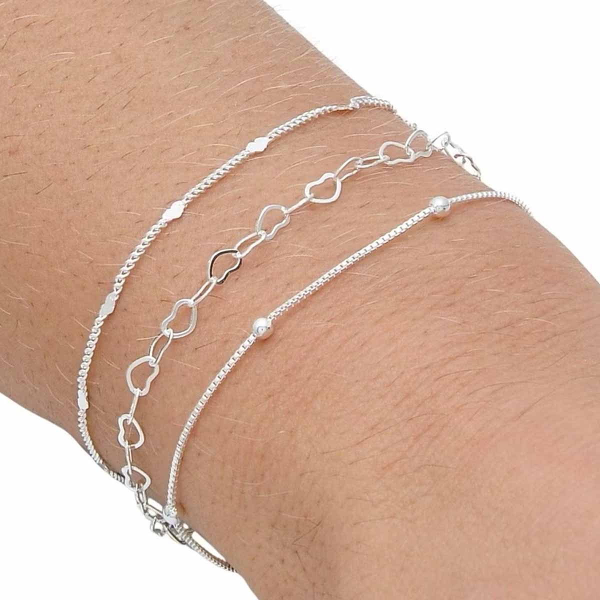 Conjunto De Pulseira Empilhável De Três Peças Para Mulheres Joias De Corrente De Metal Da Moda