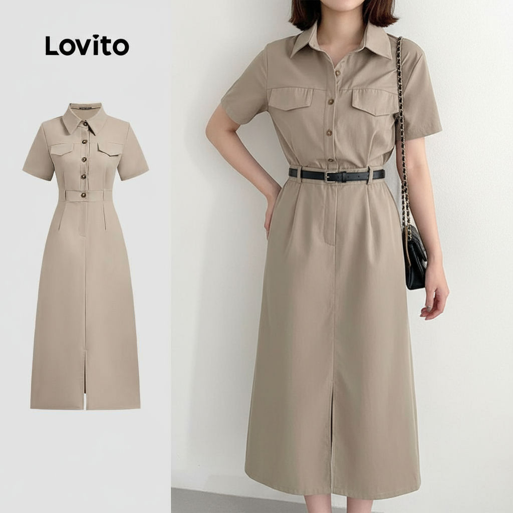 Lovito Vestido Feminino Elegante com Bolso Falso e Botão, Modelo Casual para Primavera/Verão, Cor Mocha L138ED432 em Oferta na Shopee
