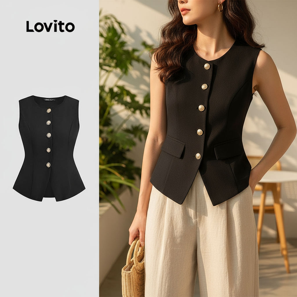 Lovito Blusa Feminina Clássica e Versátil de Botões Elegante para Primavera/Verão na Cor Preta L143ED018 em Oferta na Shopee