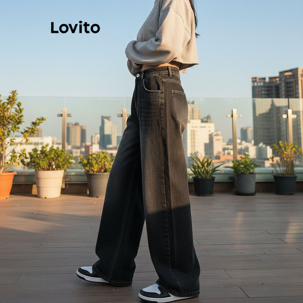 (Trendy2) Lovito Jeans Casuais Lisos Cat'S Whiskers Jeans Lavados Para Mulheres L86ED291 em Oferta na Shopee