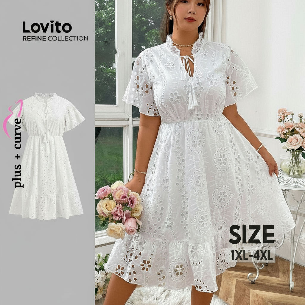 Vestido elegante feminino plus size com recorte e cadarço LR7LD022 Lovito Refine