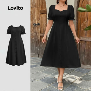 Lovito Vestido elegante para mulheres Plus Size, com estrutura lisa, botão frontal e mangas bufantes LBL22653 em Oferta na Shopee