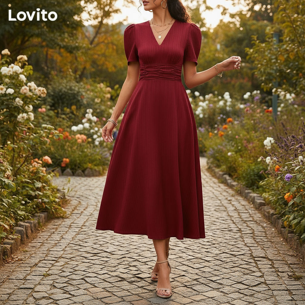 Lovito Vestido Refinado Feminino de Alfaiataria Liso com Drapeado LNL71064\4 em Oferta na Shopee