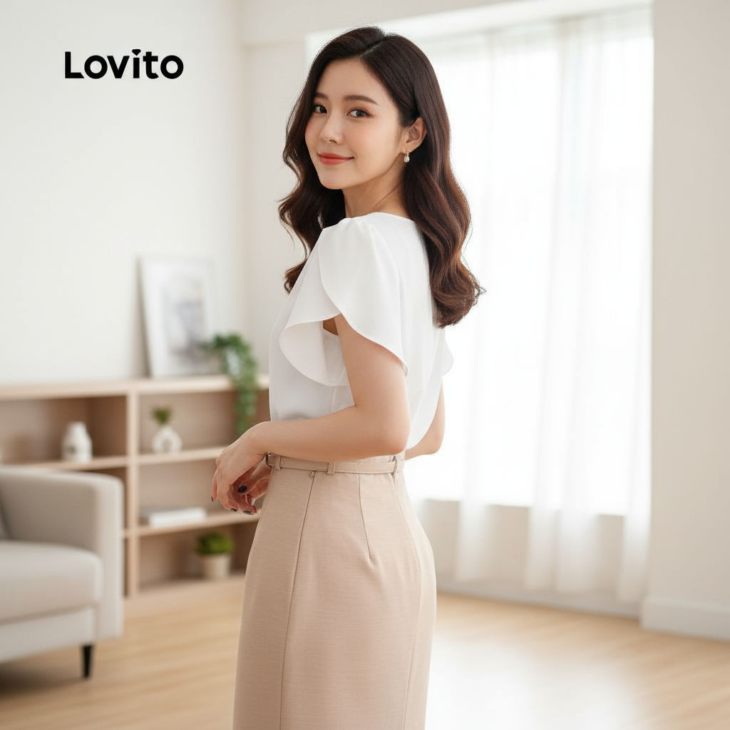 Lovito Blusa elegante com babados lisos para mulheres L132ED614\3 em Oferta na Shopee