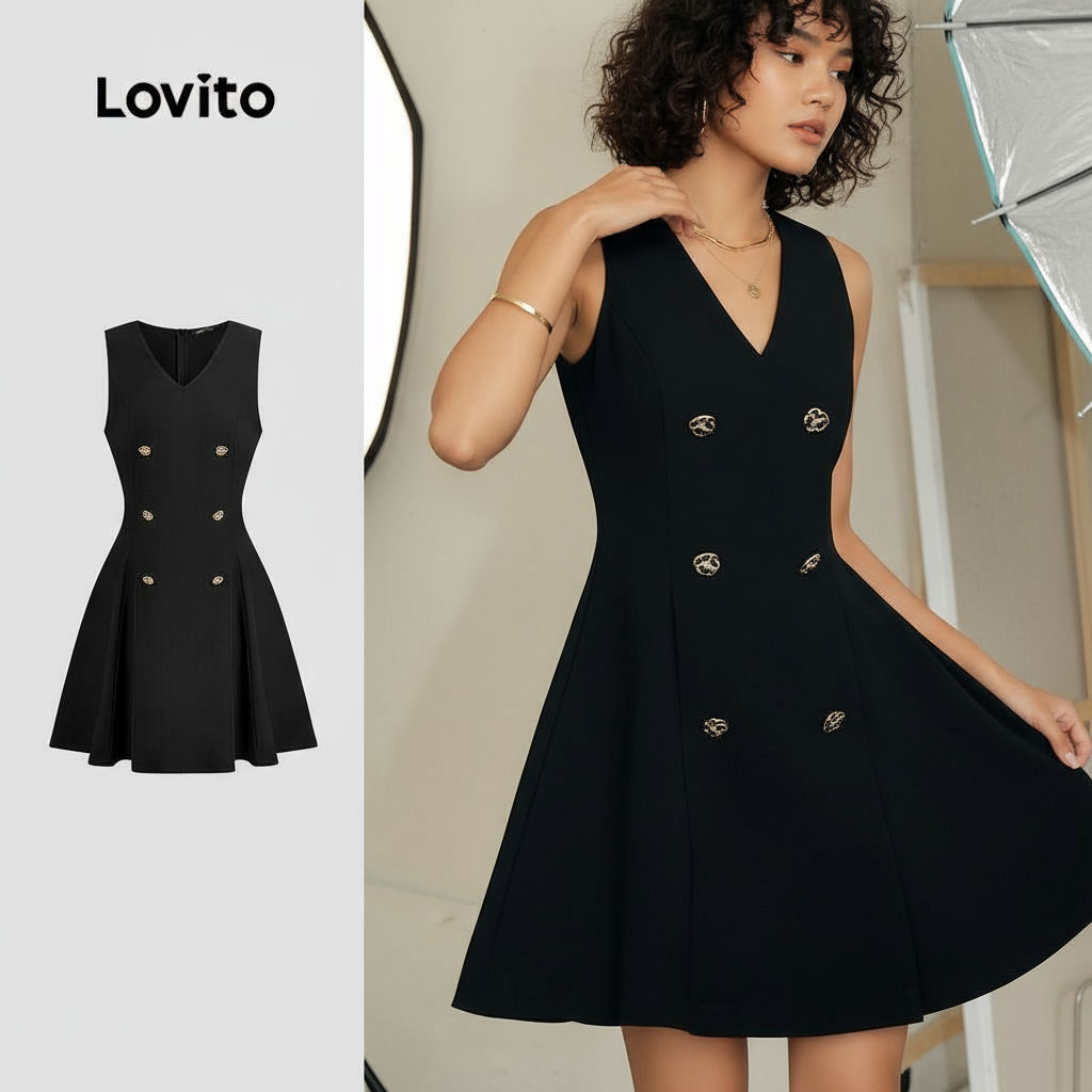 Lovito Vestido Elegante Preto Liso Com Botão Frontal Para Mulheres L135AD890\3 em Oferta na Shopee