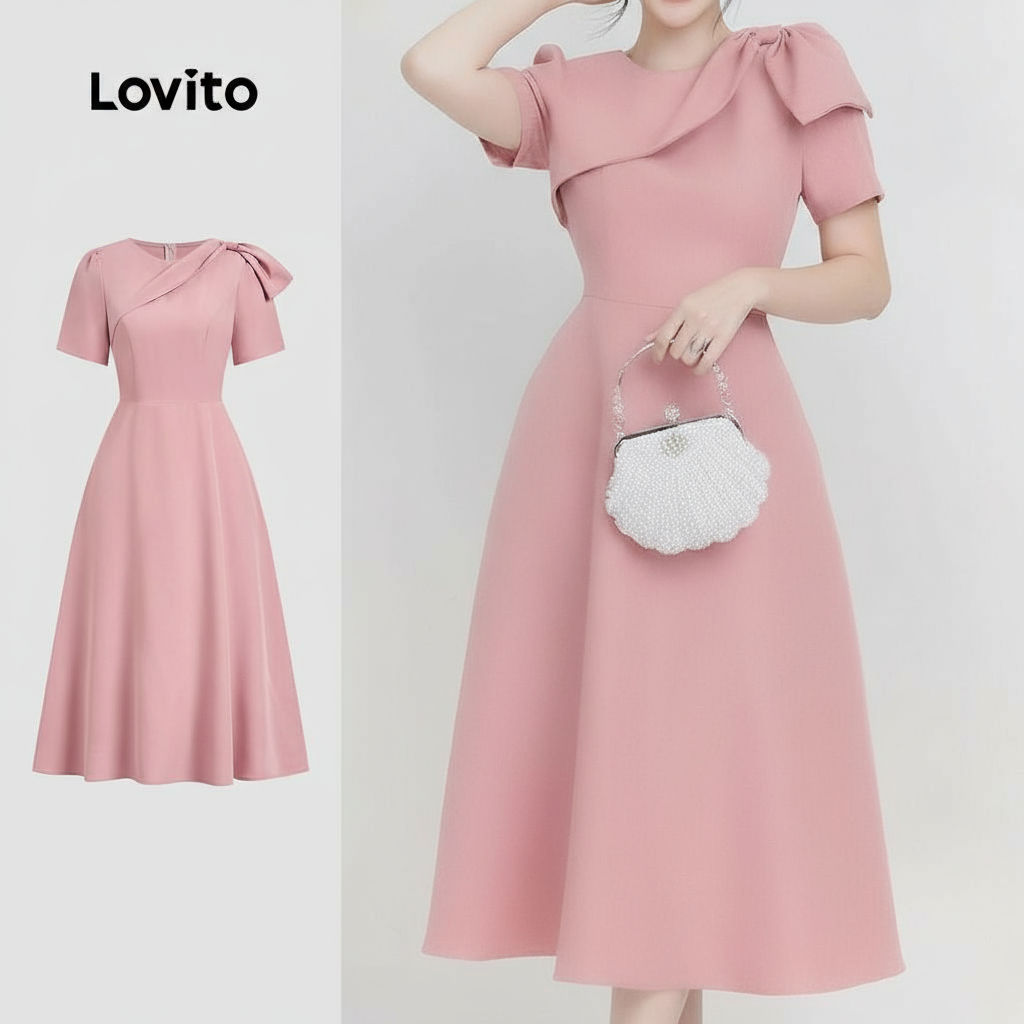 Lovito Vestido Feminino Rosa Liso com Nó Primavera/Verão Elegante L134LD123