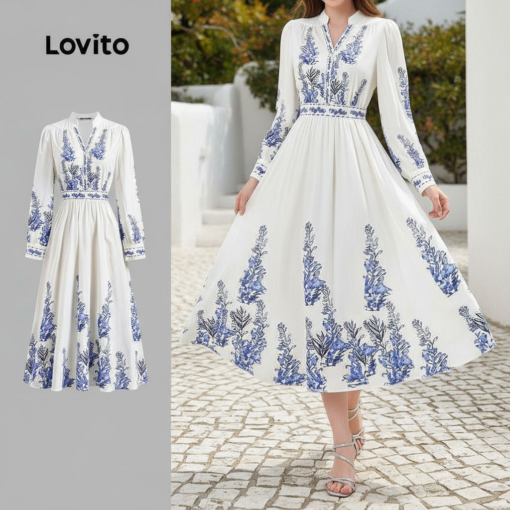 Lovito Vestido feminino elegante com estampa floral e costura detalhada em tecido LBL23626 em Oferta na Shopee
