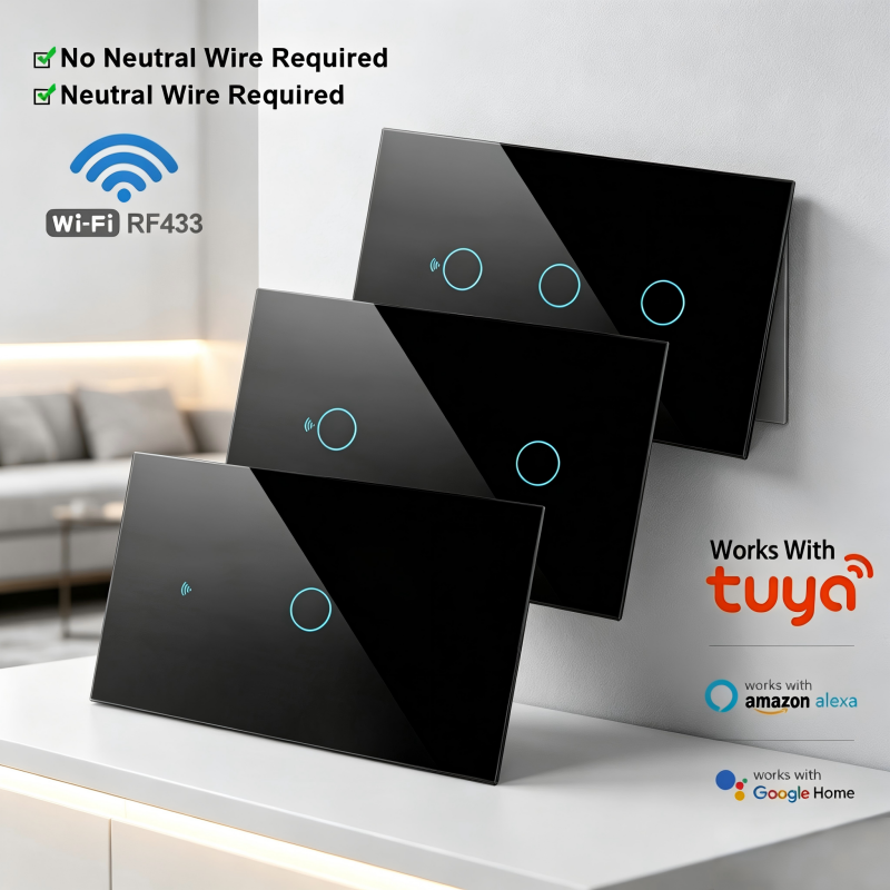 Interruptor de Parede WiFi AXUS US RF433 Touch Sensor 1/2/3 Gang Sem Neutro LED Compatível com APP Tuya e Alexa