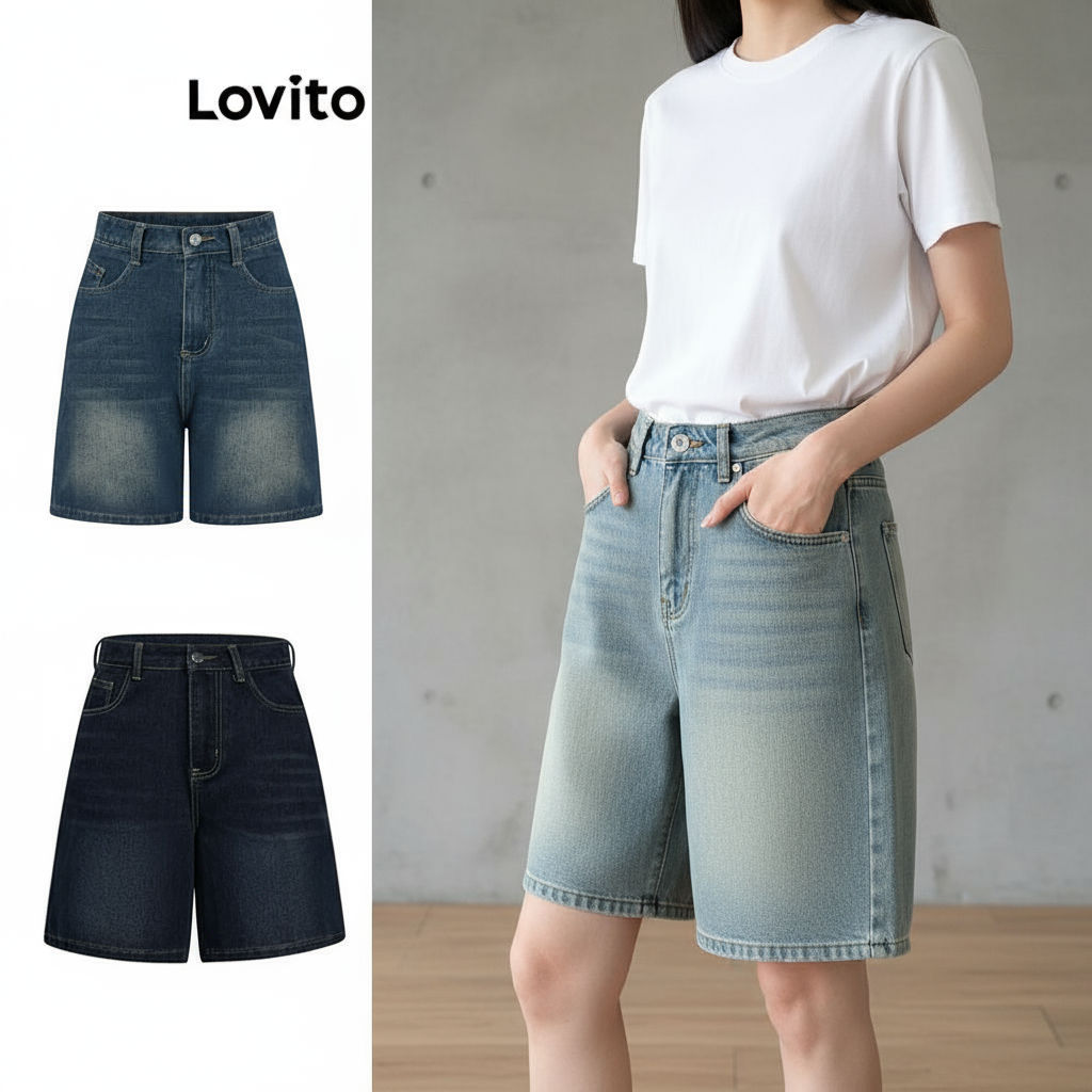Lovito Shorts Jeans Bolso Feminino para Primavera Verão LNA19020 (Multicolor) em Oferta na Shopee