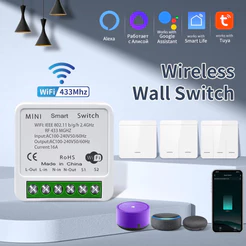 Interruptor WiFi Inteligente Tuya RF433MHz Sem Fio para Iluminação, Controle por Voz, Compatível com Alexa e Google