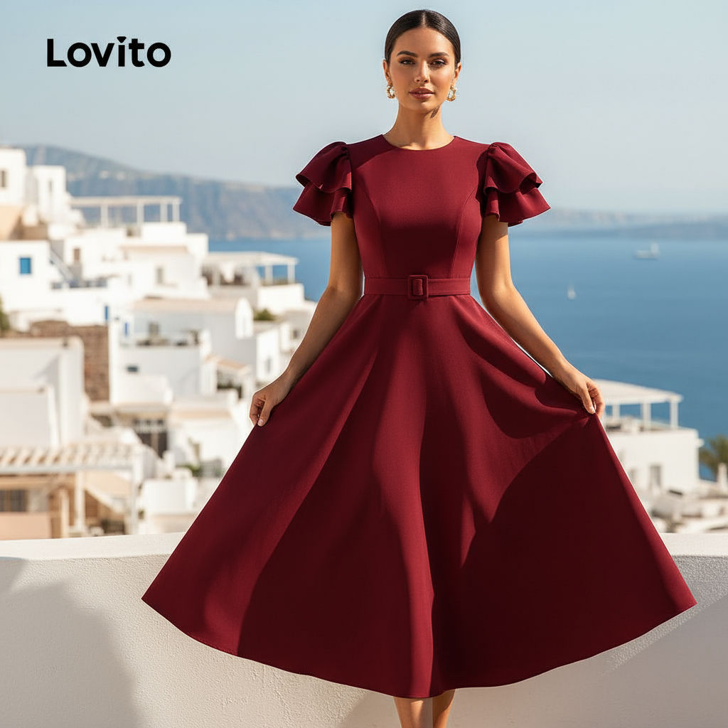 Lovito Vestido Feminino Elegante com Cinto Duplo em Camadas para Primavera/Verão na Cor Vinho L155ED434 em Oferta na Shopee